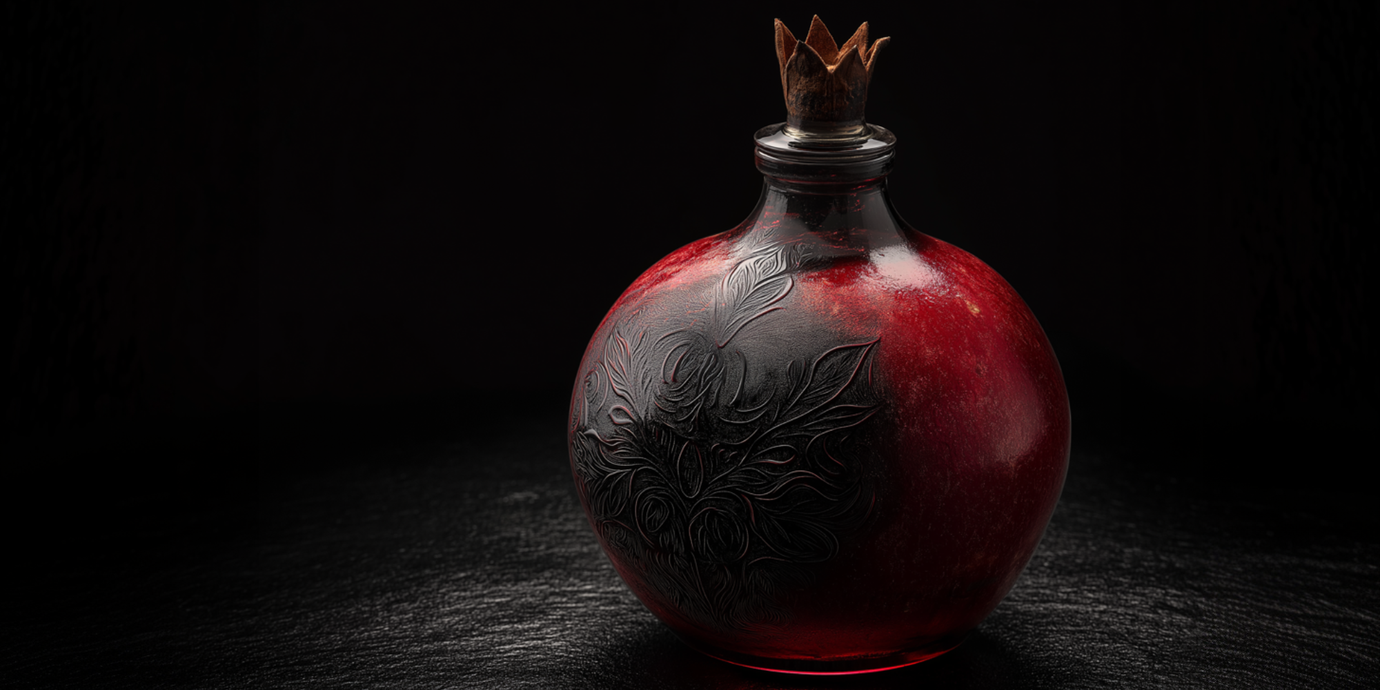 A black and red cocktail bottle made in the shape of a pomegranate in a sparse black space