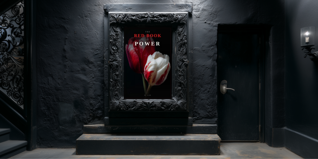 Framed Red Book of Power cover on a dark wall beside a staircase, a closed door, and a wall candle.