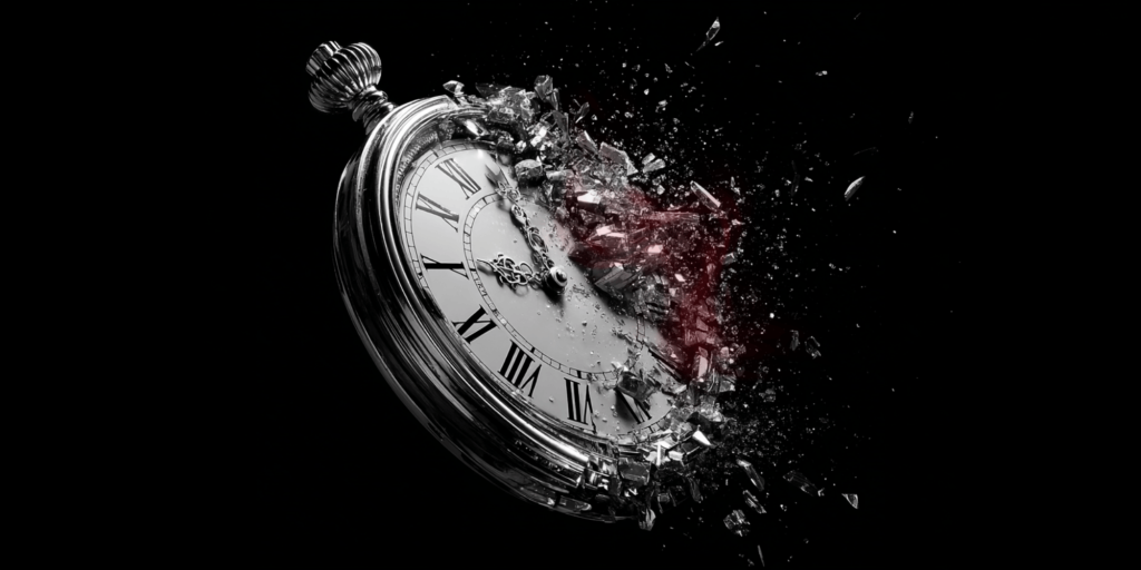 Shattered silver pocket watch on a black background, with a dark red fracture glowing through the broken right side.