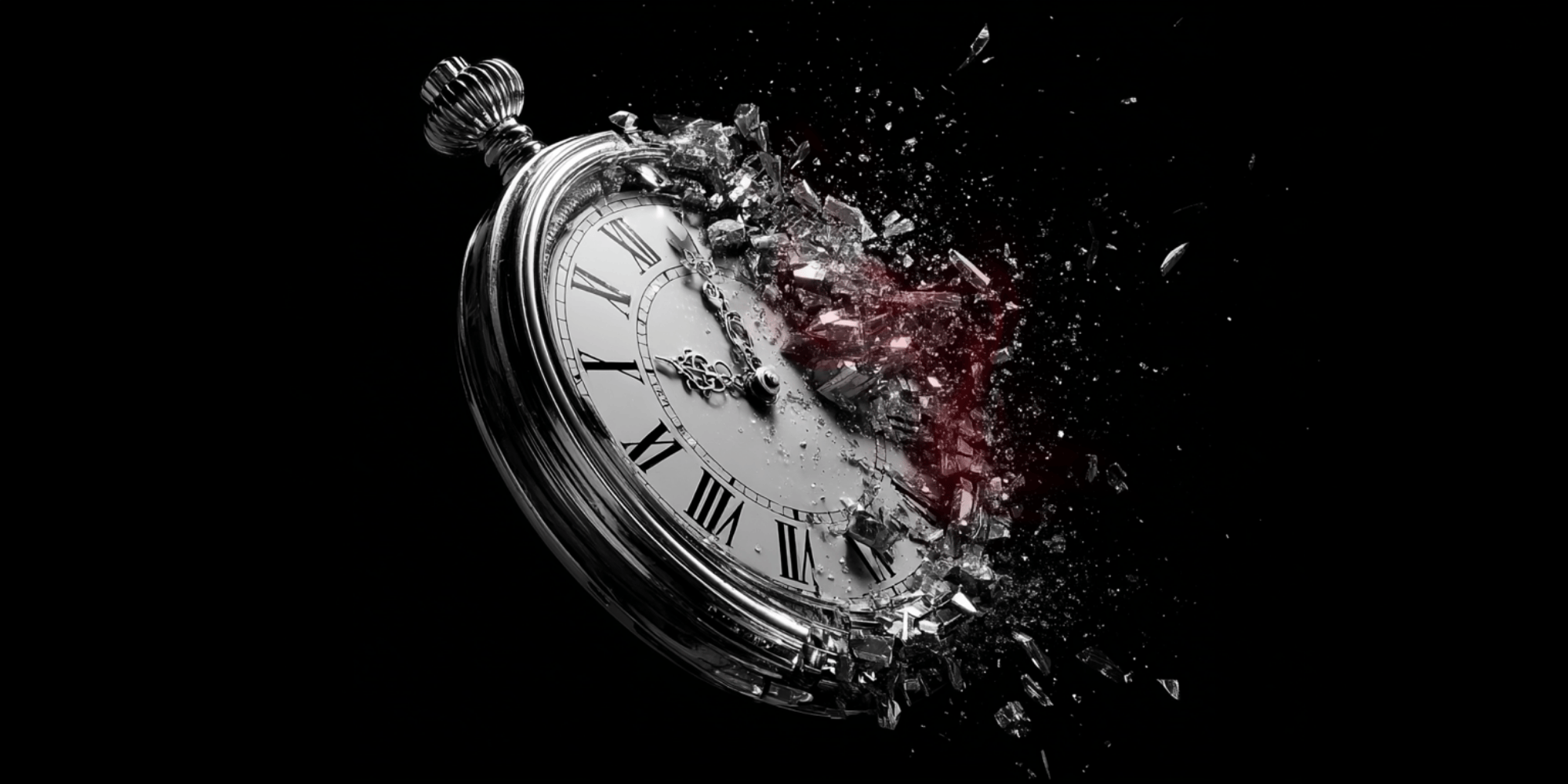 Shattered silver pocket watch on a black background, with a dark red fracture glowing through the broken right side.