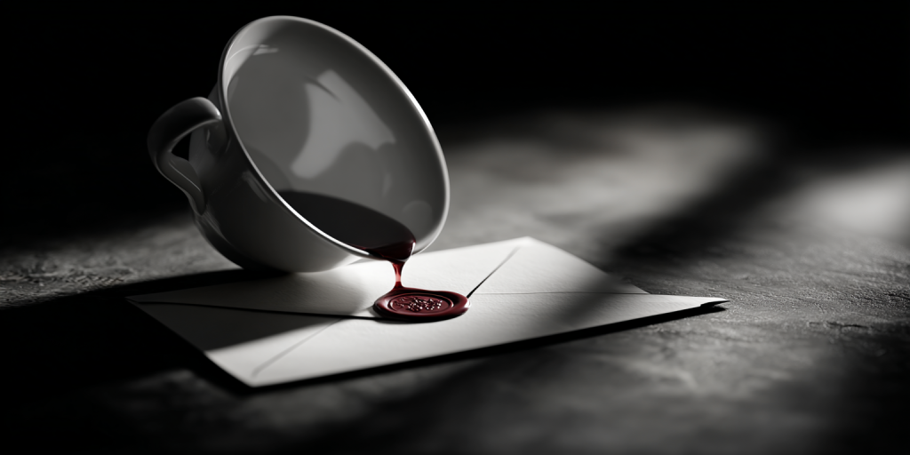 A white tea cup spilling red tea that is forming a read seal on a cream colored envelope.