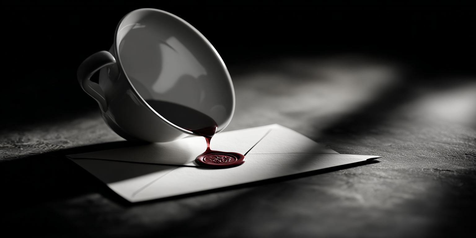A white tea cup spilling red tea that is forming a read seal on a cream colored envelope.