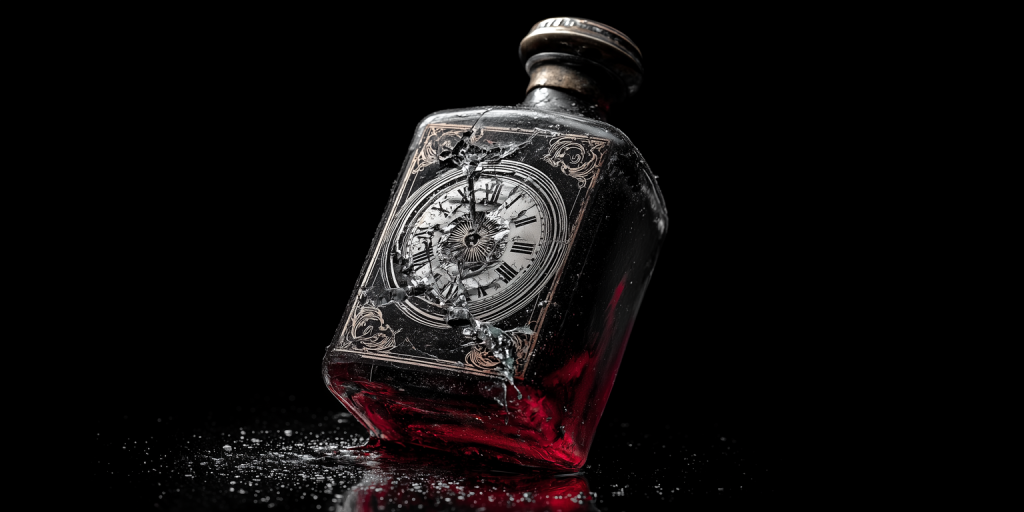 A silver liquor bottle with read liquid and a shattering clock face