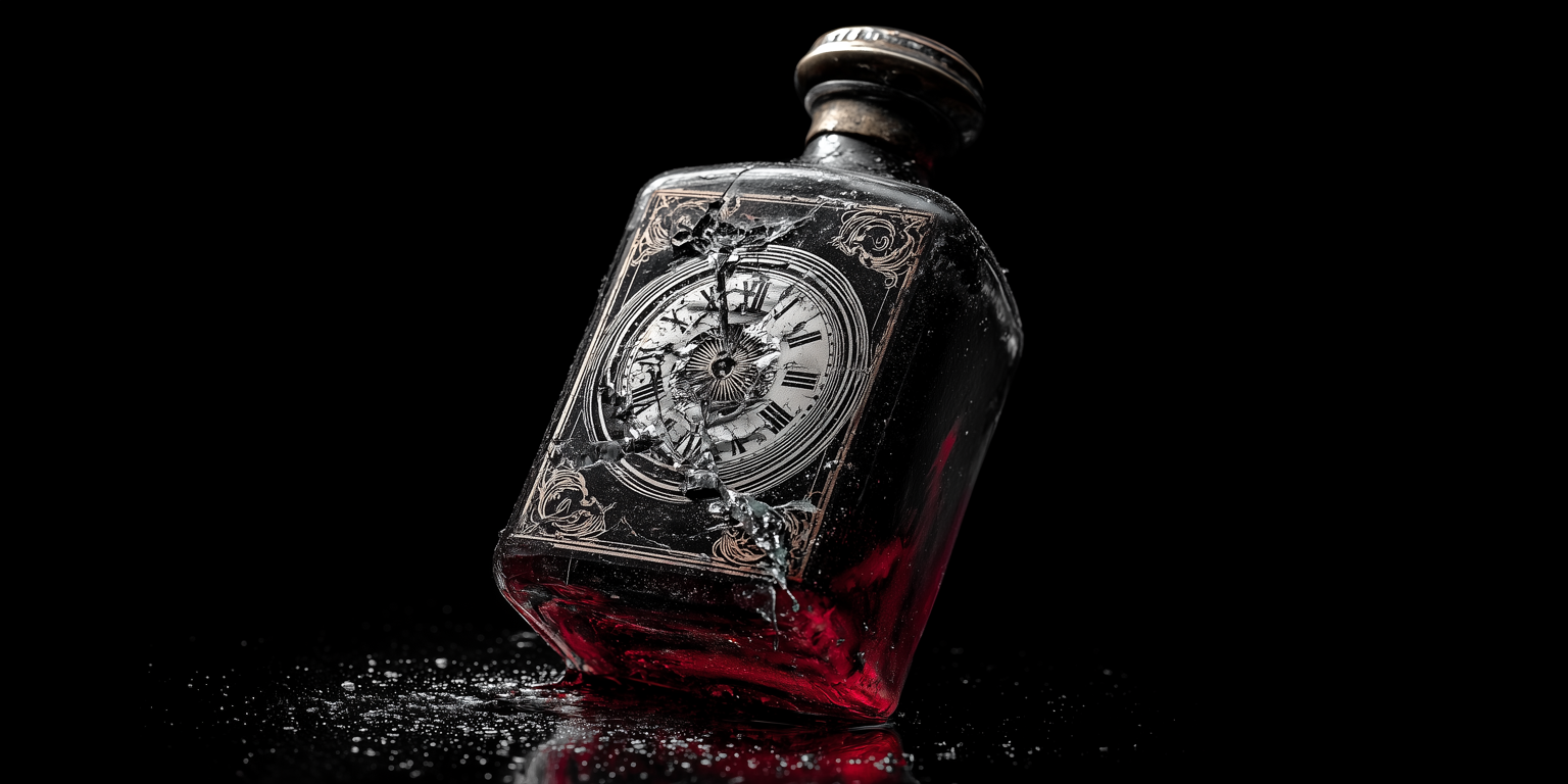 A silver liquor bottle with read liquid and a shattering clock face