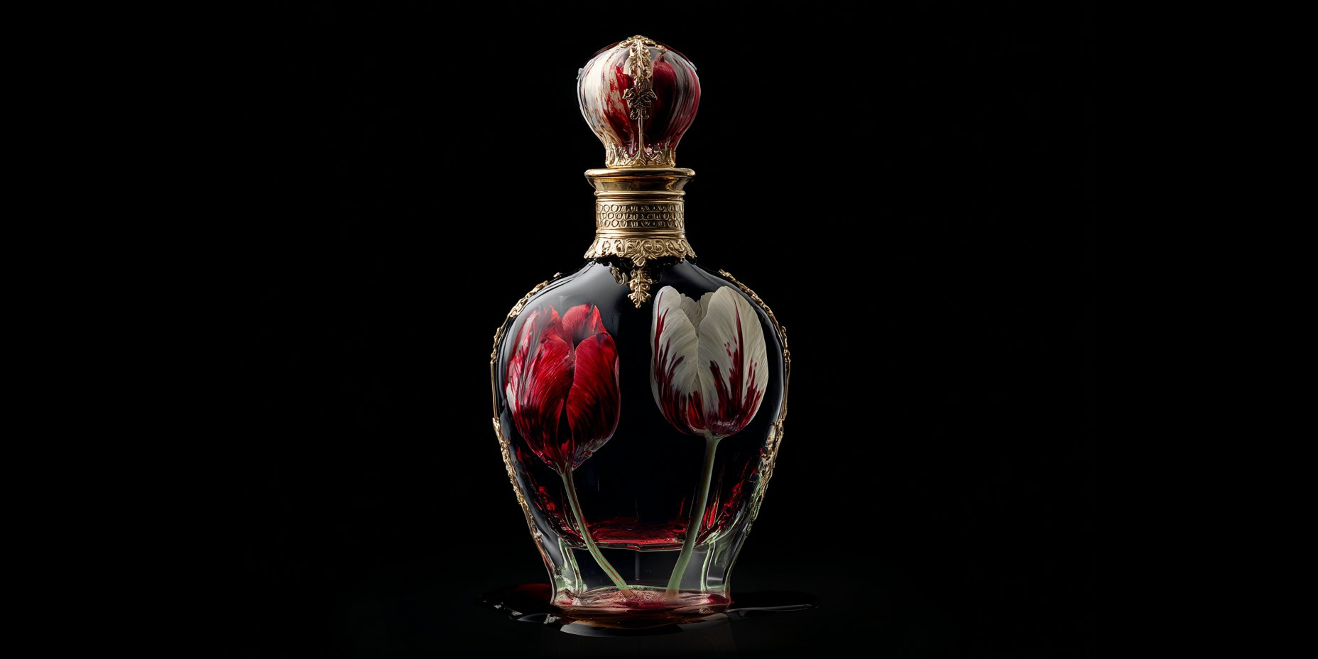 An opulent liquor bottle with one red and one white tulip each bleeding color on to the other.